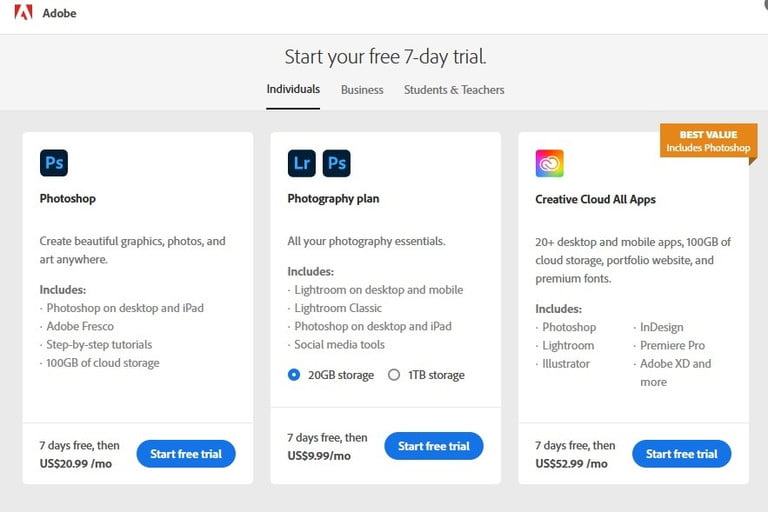 capture decran des options dessai gratuit de pho - Comment obtenir Photoshop gratuitement 2023
